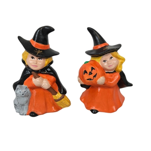 Vintage 70s Handmade Glazed Ceramic Halloween Witch Decor Set of 2‎ K14 - Picture 1 of 8